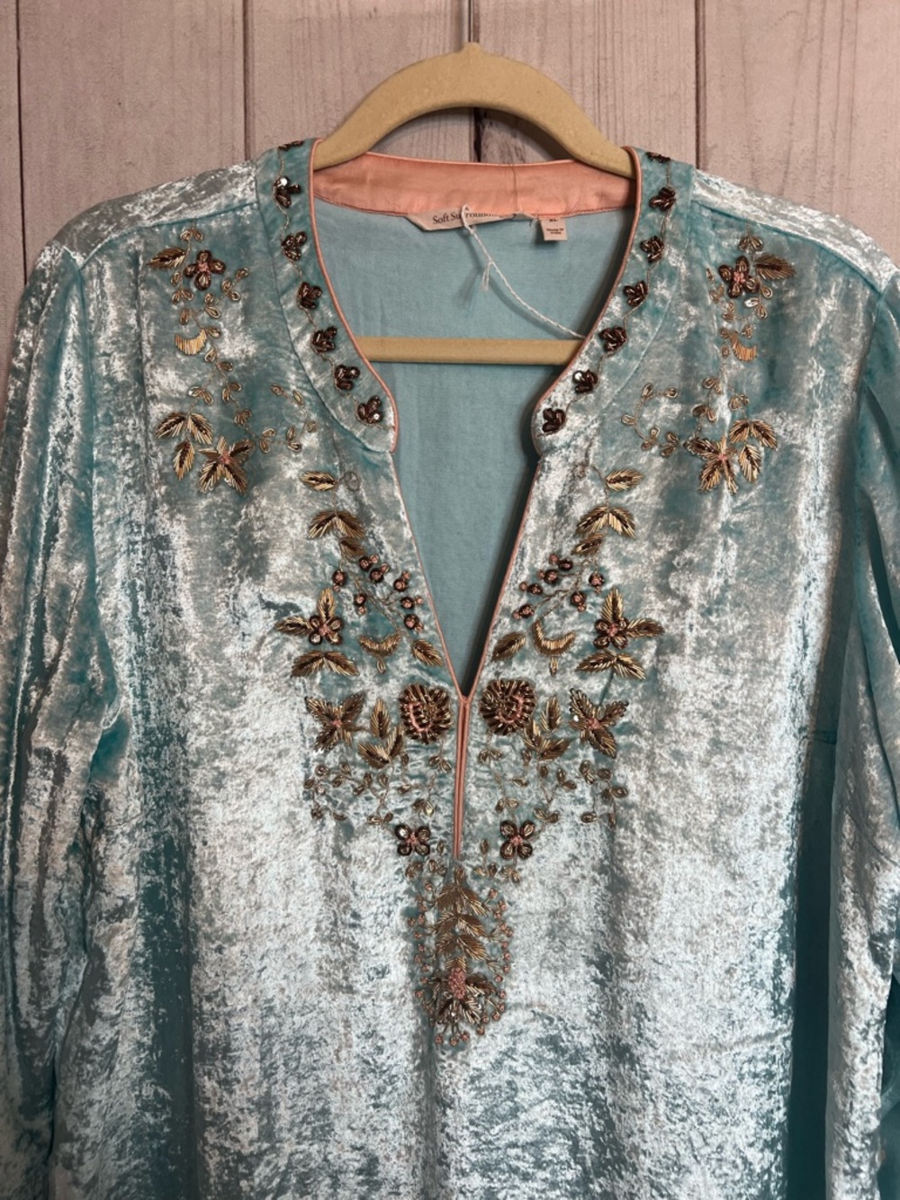 Soft Surroundings Aqua Crushed Velvet Moroccan Boho Beaded Embellished Tunic - Picture 2 of 5